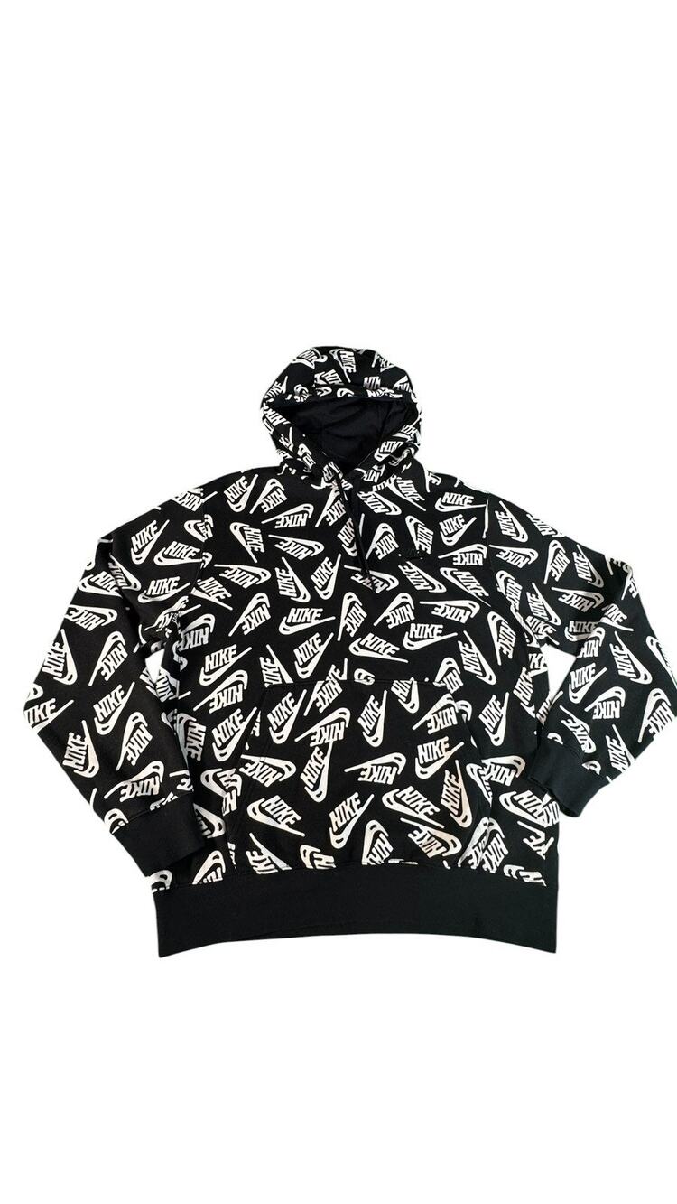 Nike Sportswear Club Fleece Hoodie Mens Medium Black White All Over Logo DD4847